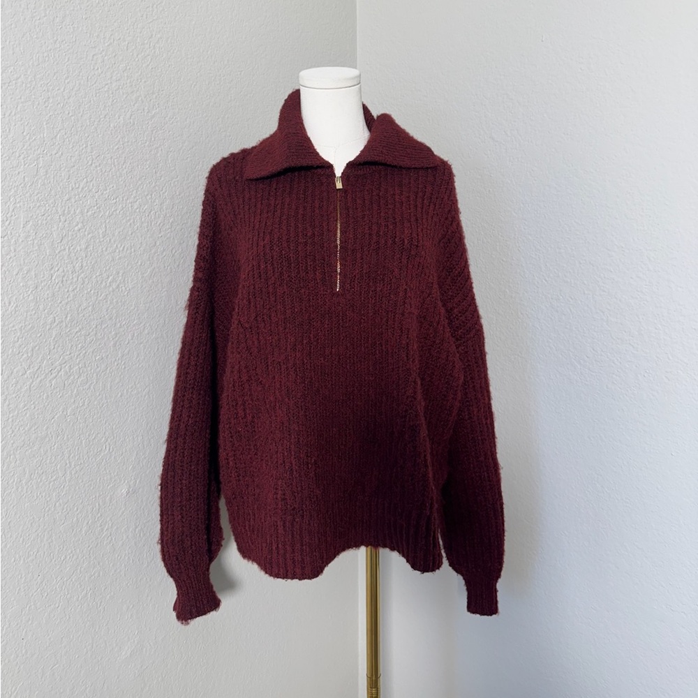 A New Day NWOT Burgundy Quarter Zip Sweater with Gold Front Zipper